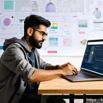 Home 21 웹디자인 개인 블로그 시작하기 - A vibrant and modern web design workspace featuring a young Indian designer working on a sleek lapto...
