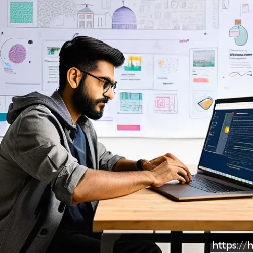 Home 15 웹디자인 개인 블로그 시작하기 - A vibrant and modern web design workspace featuring a young Indian designer working on a sleek lapto...