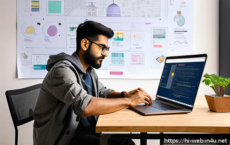 웹디자인 개인 블로그 시작하기 - A vibrant and modern web design workspace featuring a young Indian designer working on a sleek lapto...