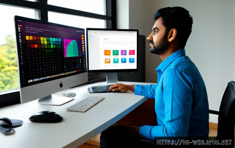 Home 17 웹디자인 테스트 환경 설정법 - Photorealistic web design testing workspace, Indian developer seated at a clean desk comparing a res...