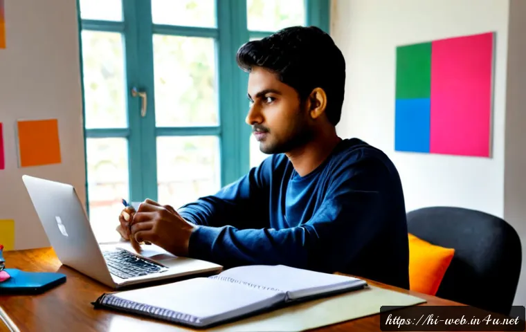 Home 17 웹디자인 자격증 난이도 분석 - Photorealistic Indian young adult studying for a web design certification at a tidy home desk, focus...